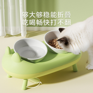 猫碗陶瓷双碗护颈猫食盆猫粮防打翻高脚不锈碗斜口宠物喝水碗饭盆