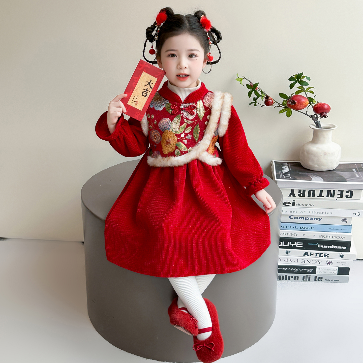 女童喜庆红色加绒旗袍连衣裙