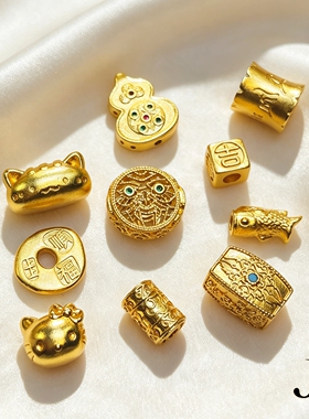 铜镀18K金色通孔六字真言桶珠DIY