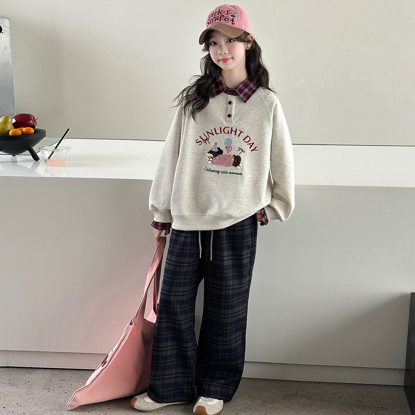 女童套装2026春装新款儿童春季小女孩两色格子领卫衣套装两件套