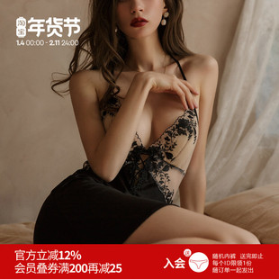 雅小姐性感睡衣女春夏蕾丝刺绣美背带胸垫睡裙性感迷人私房内衣女