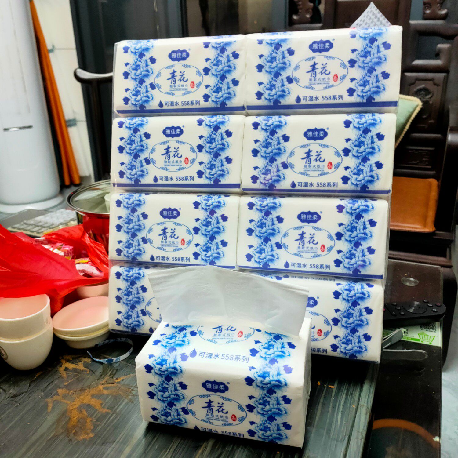 雅佳柔大号青花抽纸纸巾整箱家庭装80包原木浆抽纸巾可湿水无纸屑