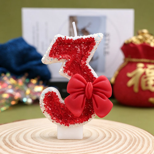 红蝴蝶结数字蜡烛生日蛋糕装饰