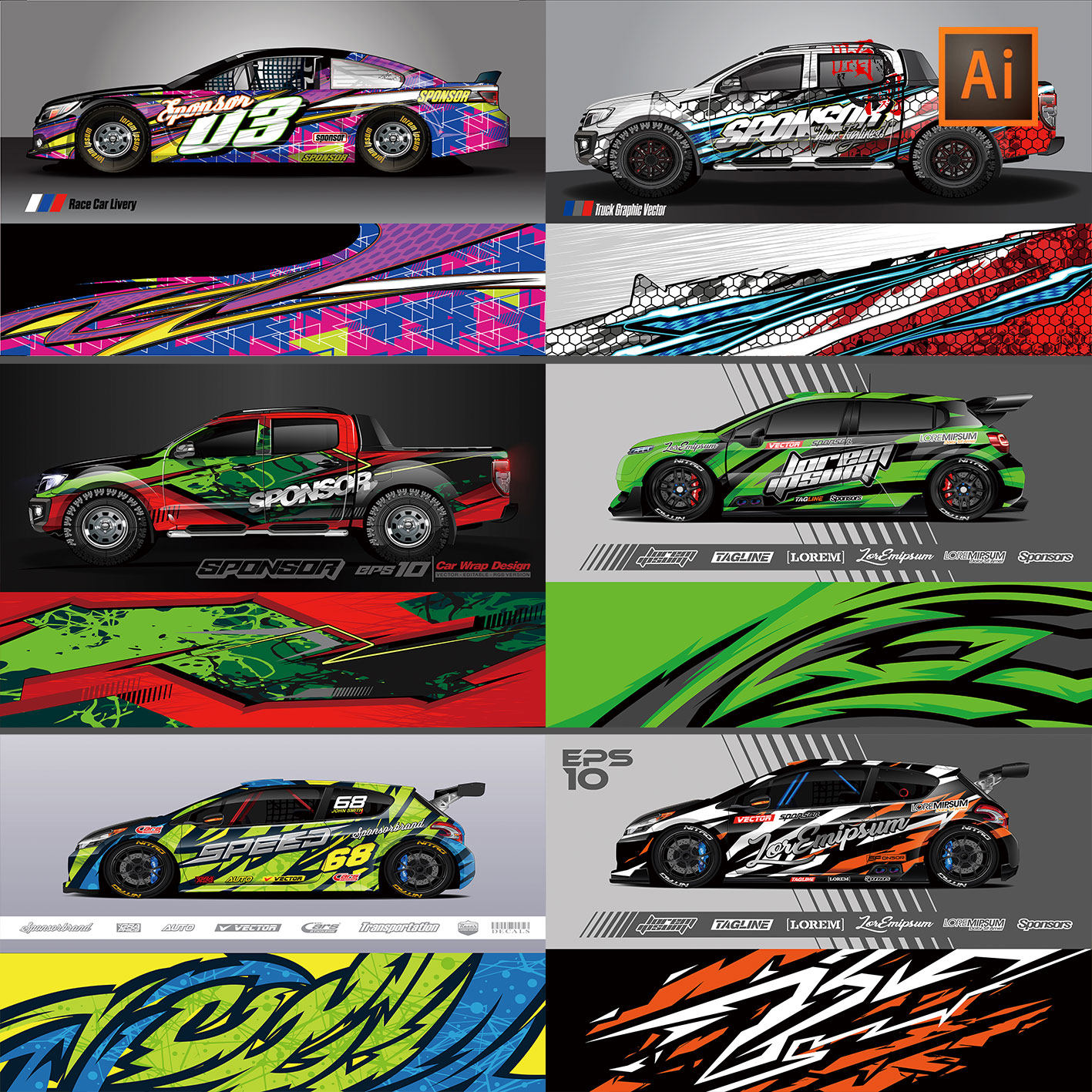 汽车赛车跑车身贴涂鸦车身拉花ai矢量设计素材6551