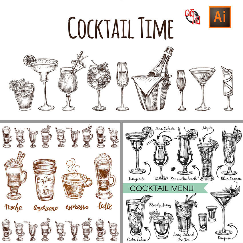 手绘素描酒水饮料奶茶玻璃杯插画ai矢量设计素材