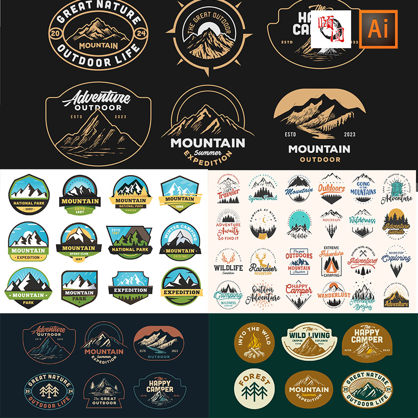 山脉山峰LOGO围巾帽子潮流T恤图案标志印花AI矢量设计素材