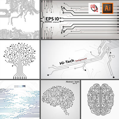 电子电路芯片大脑大树点线AI矢量设计素材