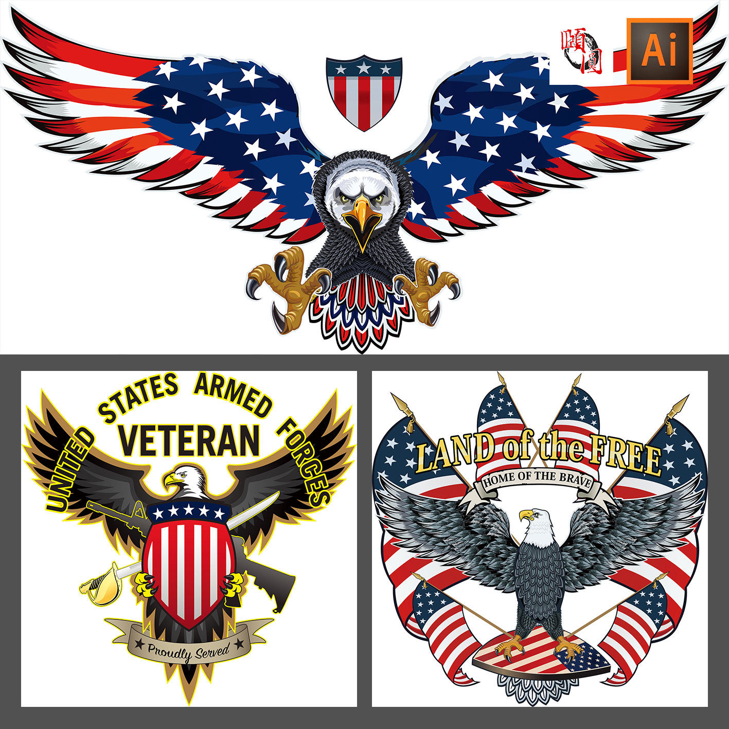 美式美国雄鹰老鹰插画t恤印花图案ai矢量设计素材