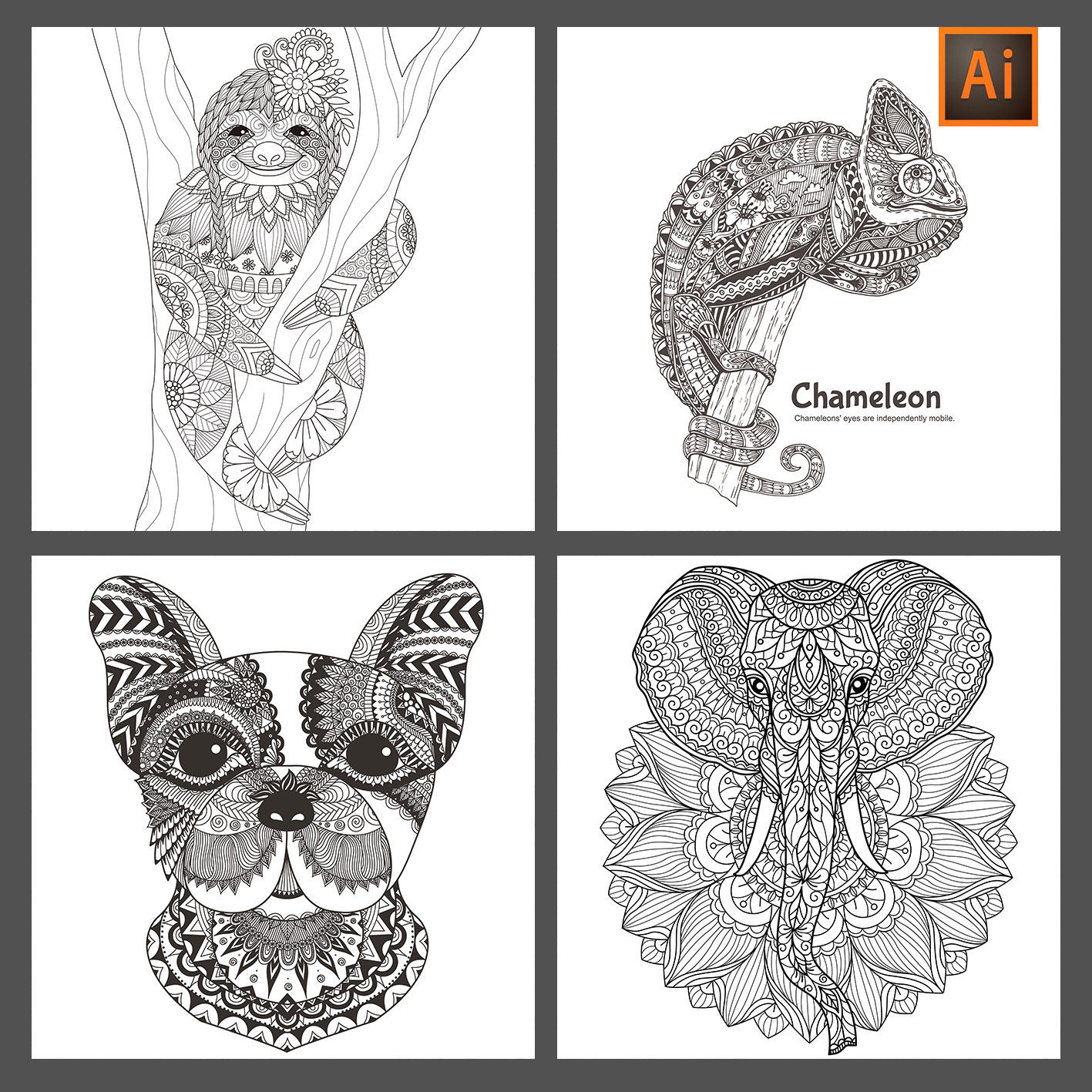 黑白线条线描鲜花树林动物狗大象蜗牛兔子装饰画ai矢量设计素材