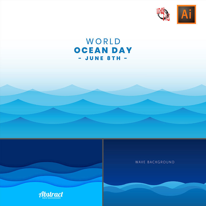 蓝色海洋水波纹简约抽象背景ai矢量设计素材