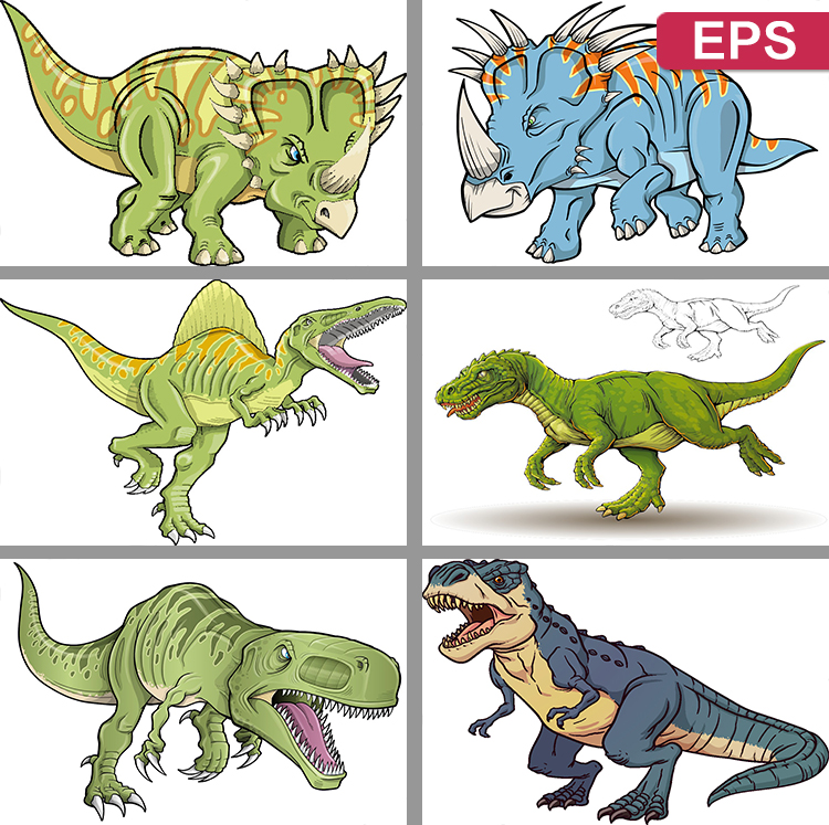 凶猛卡通恐龙三角龙霸王龙六一儿童海报EPS矢量印花图案设计素材