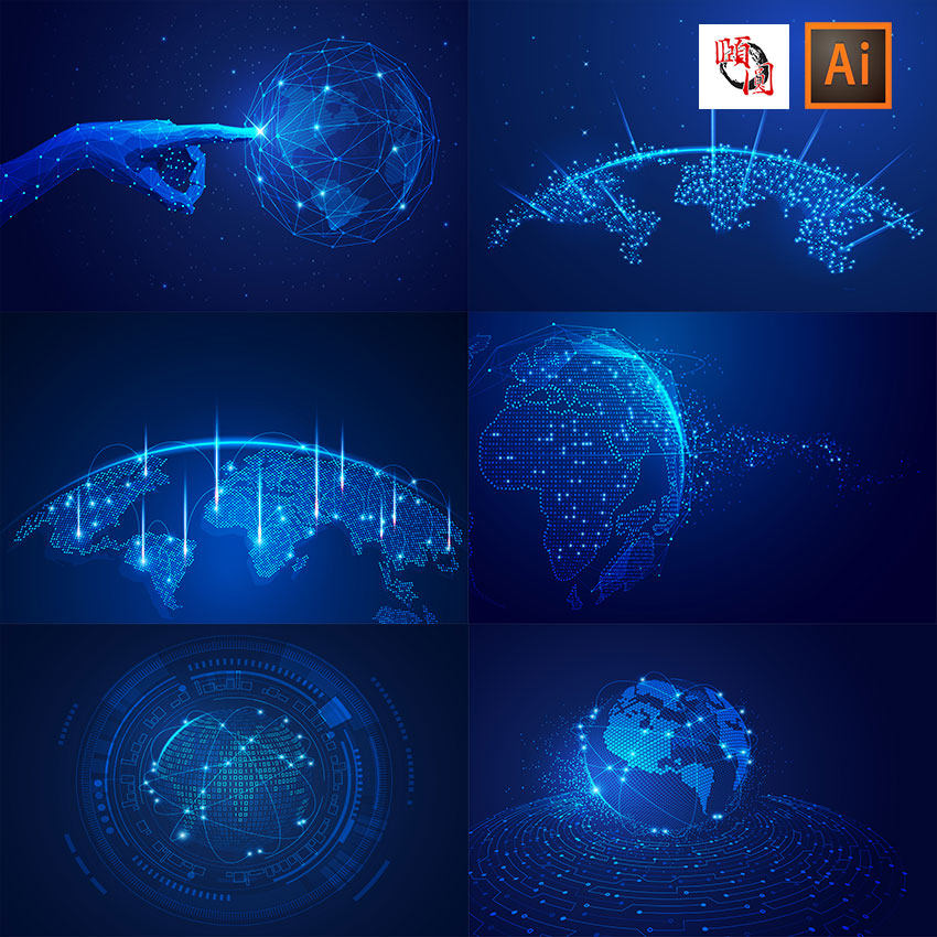 概念ai智能未来蓝色地球科技线条万物互联大数据ai矢量设计素材