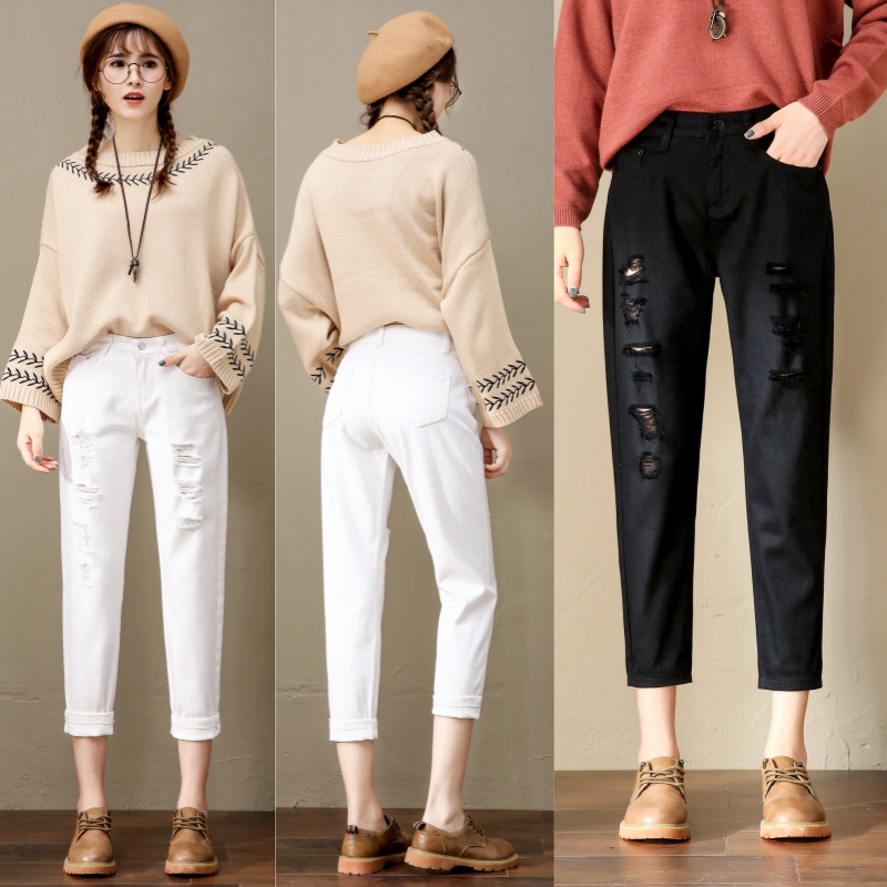 区区欧阳 破洞牛仔裤女夏秋季新款阔腿裤复古九分裤直筒裤子