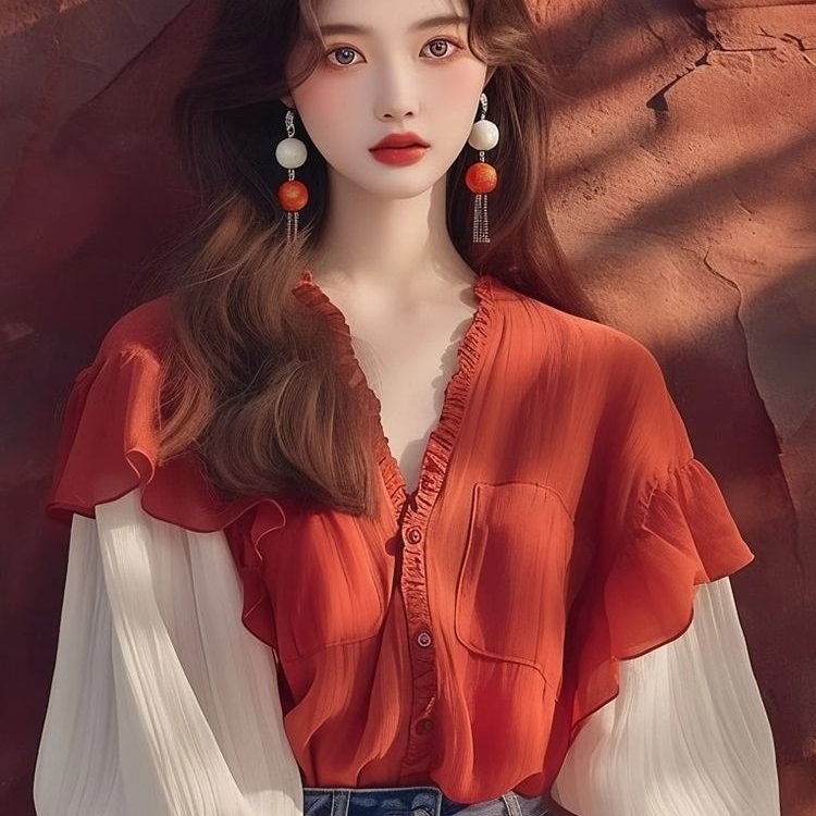 2025新款韩系chic别致上衣别致漂亮红色泡泡袖系带V领衬衫女