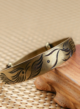 民族风黄铜手镯龙凤花卉，古铜色