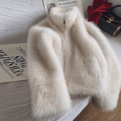 冬季新款立领小个子皮毛一体外套女加厚简约环保皮草短款毛绒上衣
