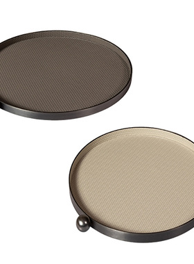 现代简约轻奢皮革编织纹圆形托盘客厅茶几收纳摆件样板间高级装饰