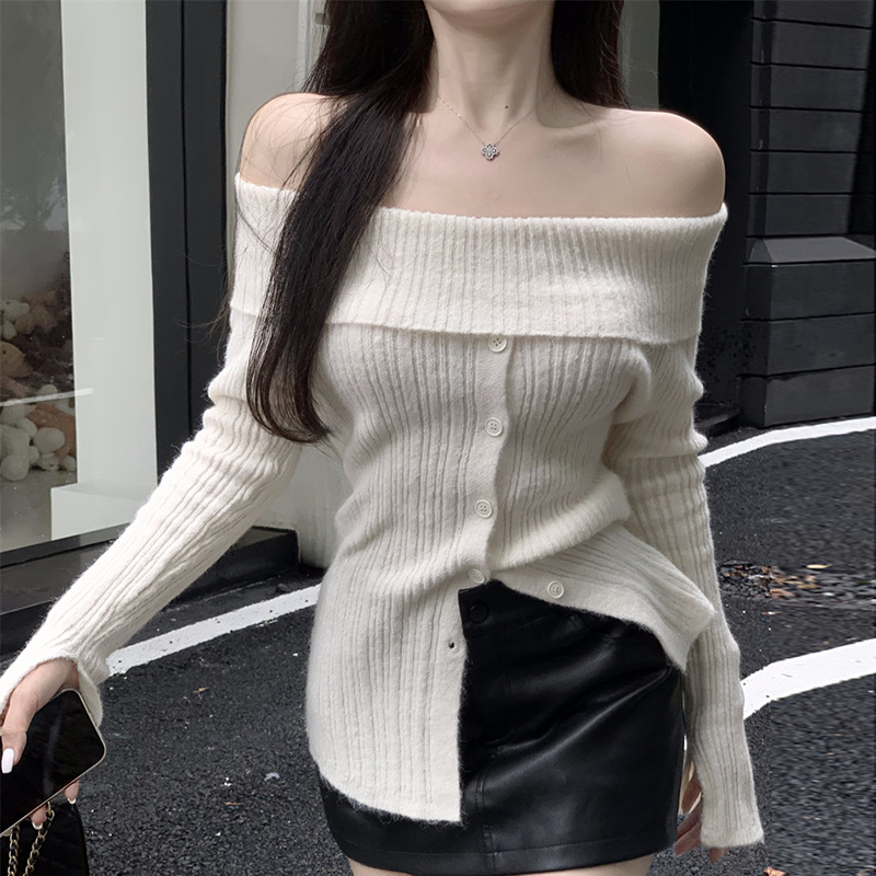 2024春夏新款纯欲风一字领露肩设