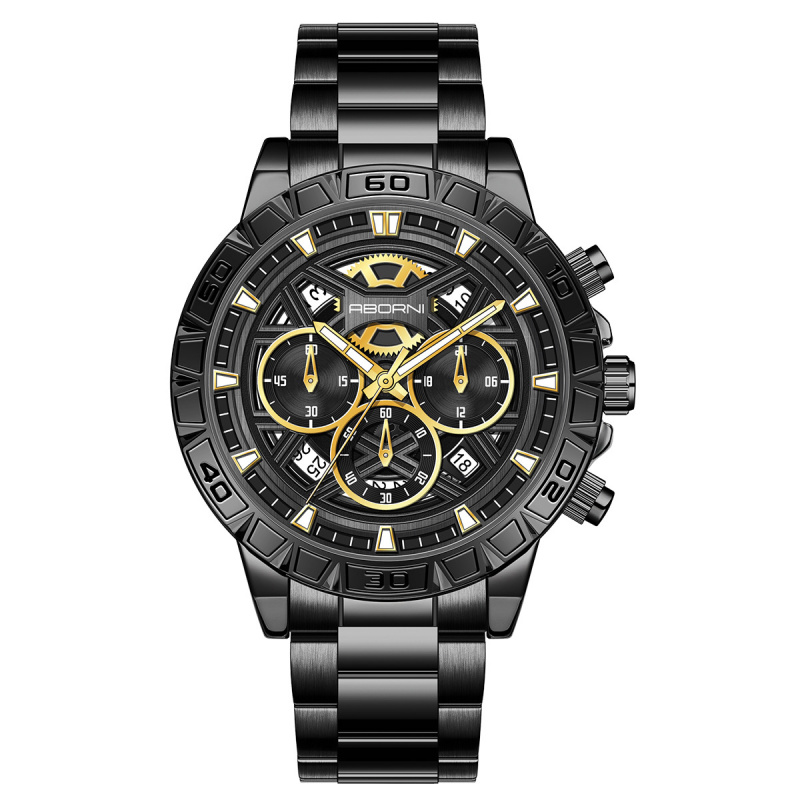 亚铂尼男士手表时尚镂空机械风腕表三眼计时多功能夜光钢带石英表