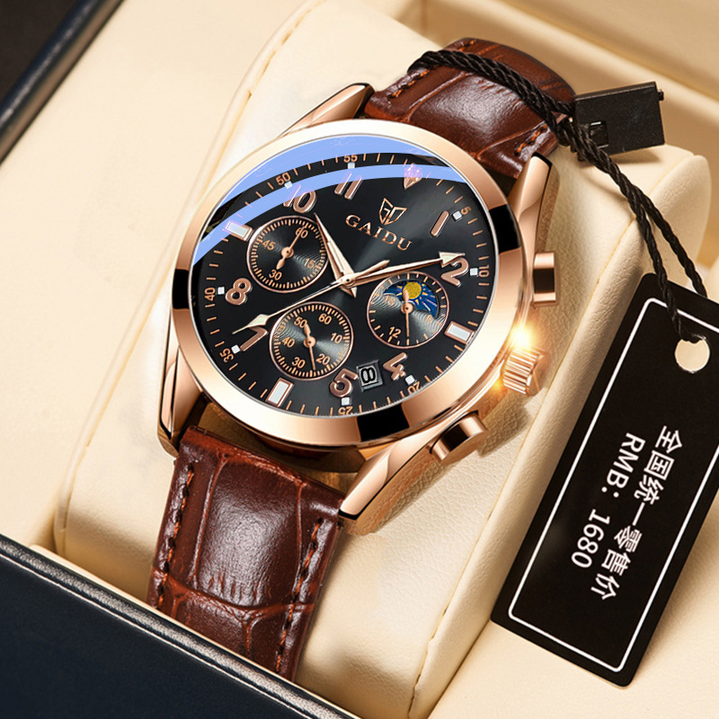 凯度男士手表三眼六针腕表大数字多功能石英男表夜光防水大表盘