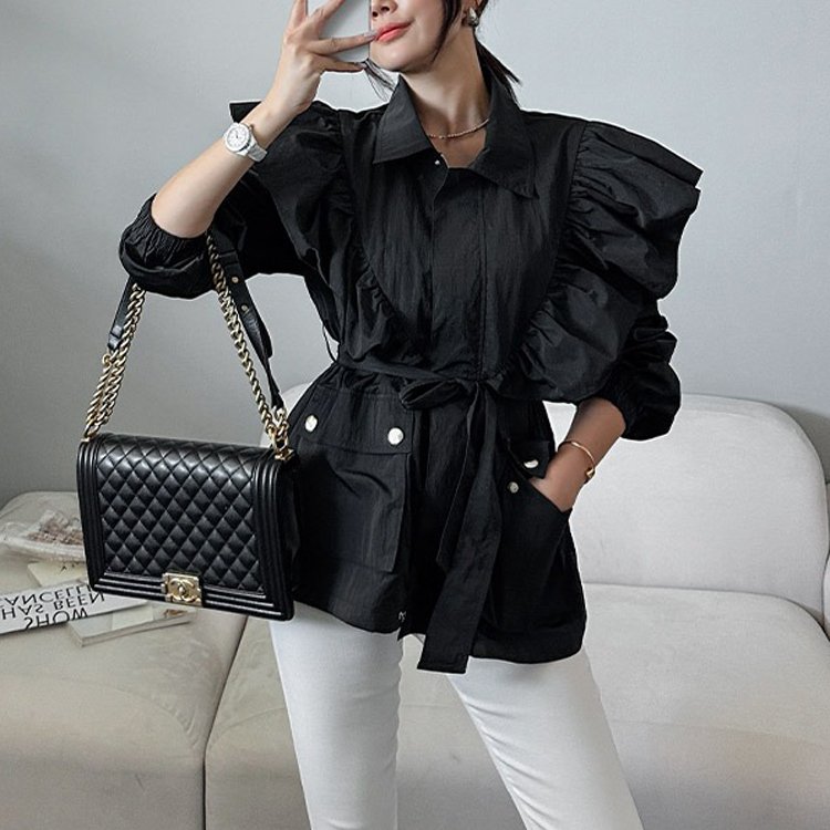 摩登时髦 韩国东大门时尚外套 荷叶领木耳边系带风衣 韩版外套