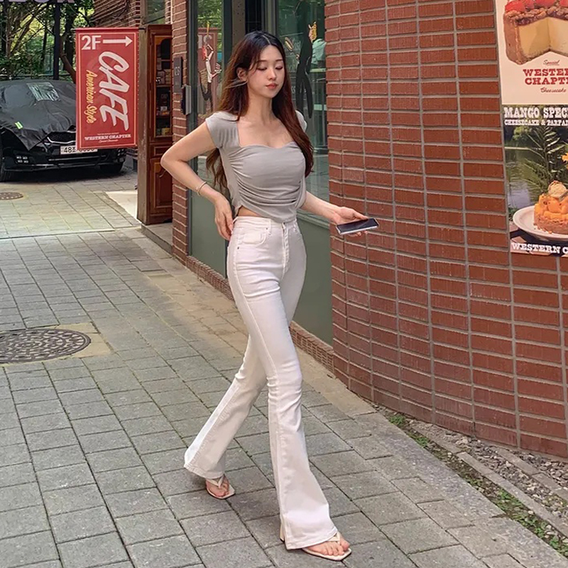 美式白色微喇阔腿牛仔裤女夏季新款高腰显瘦弹力喇叭裤