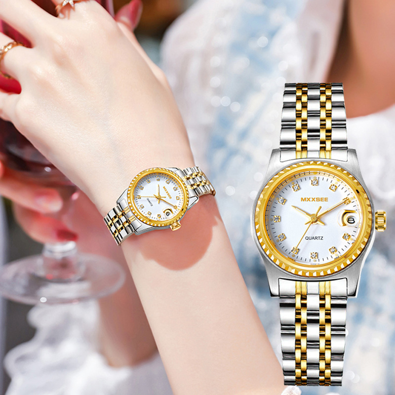 麦施品牌手表女经典简约钻点透视窗日历防水钢带女士手表