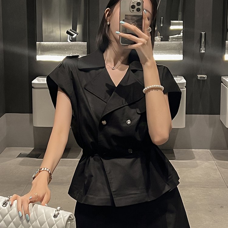 精致浪漫 韩国东大门西装马甲 抽绳亚麻夹克外套 韩版工装马夹