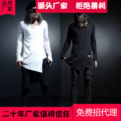 男式韩版新款长袖T恤时尚休闲个性下排不规则中长款黑白两色