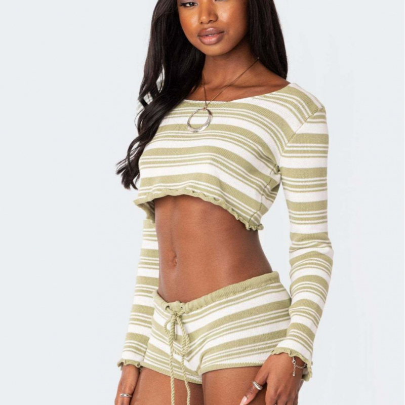 欧美新款女装性感短款条纹上衣+系带短裤套装133282#