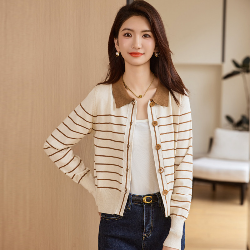 秋季新款小香风开衫短款小外套长袖条纹翻领毛衣针织衫女