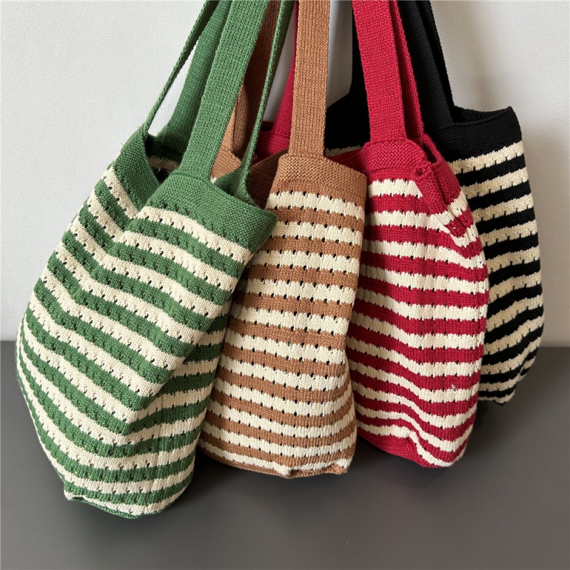 双色条纹手提单肩包包女时尚编织包秋冬购物袋文艺大容量针织包