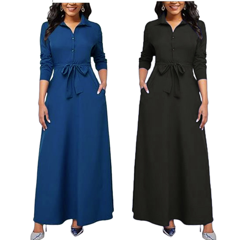 24爆单春秋收腰系带长袖长裙外贸塑身A裙穆斯外套