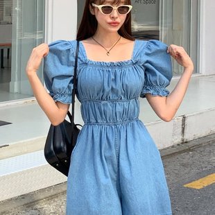 短袖 韩国连体裤 方领显瘦韩版 牛仔连体短裤 气质时尚 连衣裤 夏装