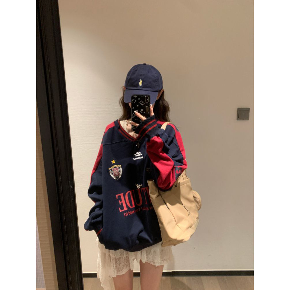 美式潮牌设计感小众v领撞色卫衣女薄款宽松春秋oversize情侣外套