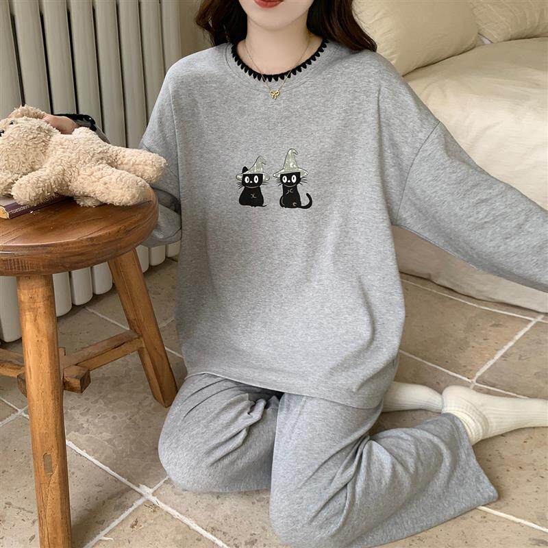 可爱小黑猫睡衣女2026新款韩系长袖长裤春秋季天套装可外穿家居服