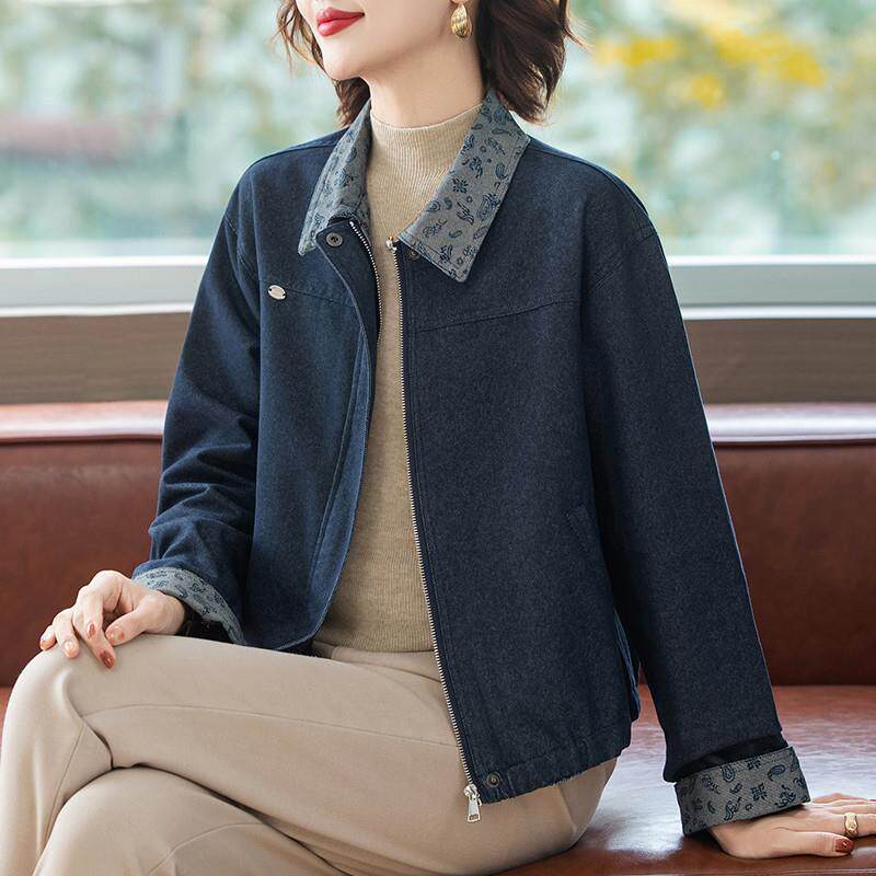 年轻妈妈春装洋派短款牛仔外套中老年女装春秋季时尚翻领夹克上衣