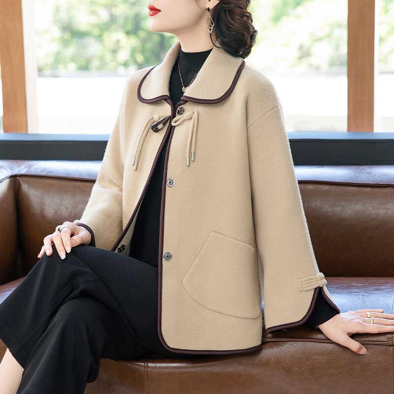 中年妈妈春装外套2026新款中老年女装春秋洋气翻领呢子开衫上衣服