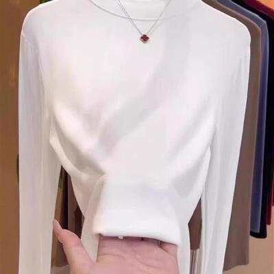 新品白色半高领长袖T恤女2025年秋季大码胖MM修身纯色内搭打底衫