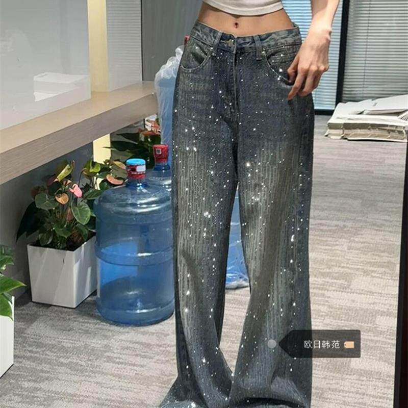 新品高个子镶钻水洗高街牛仔裤女秋季新款高腰微喇覆古薄款阔腿拖