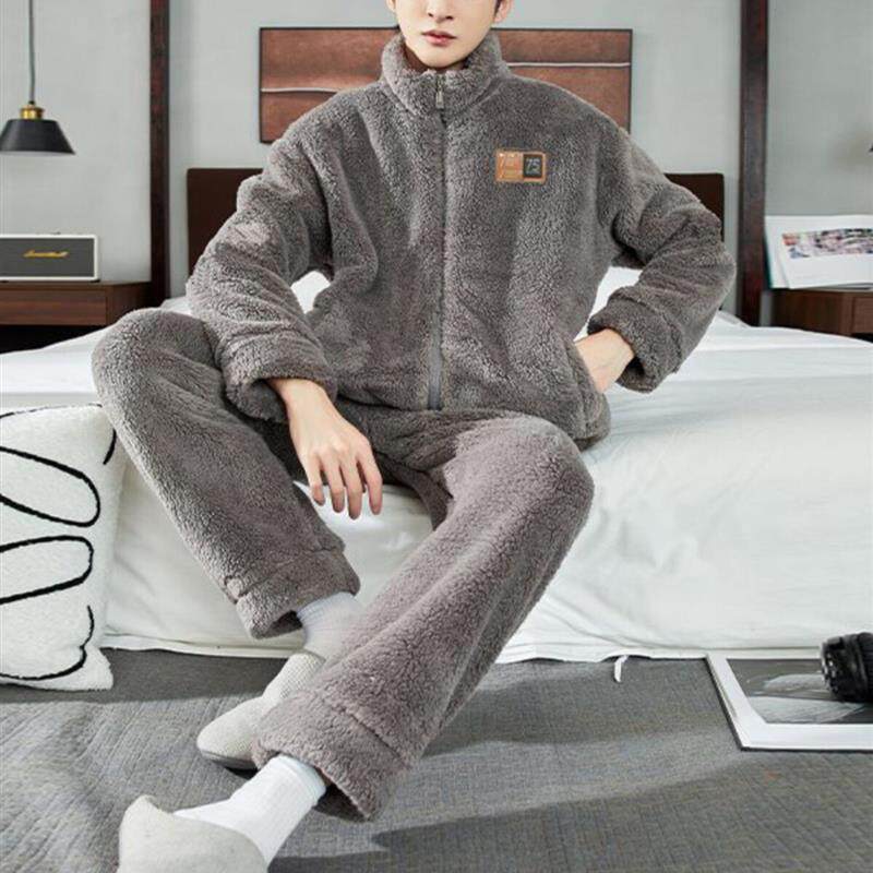 新品珊瑚绒睡衣秋冬款男士加厚加绒冬季保暖可外穿家居服冬天男款