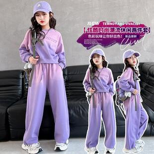 新品女童套装春秋渐变色2025新款洋气紫色儿童春装卫衣休闲运动两