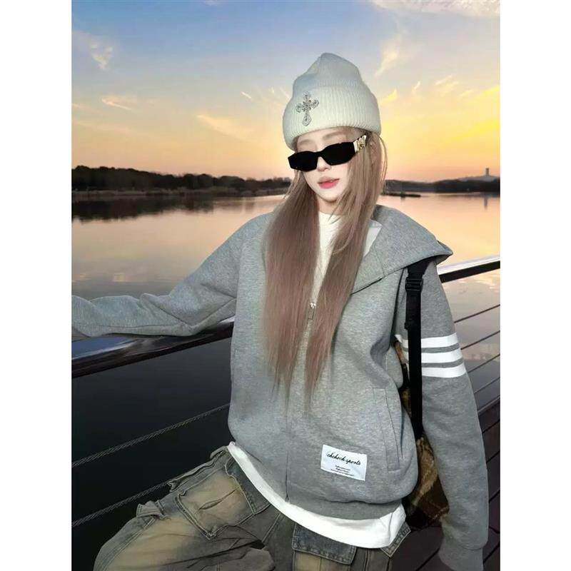 新品美式复古潮牌条纹连帽开衫卫衣女春秋薄款慵懒风宽松显瘦情侣