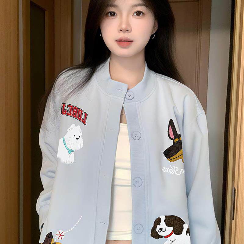 新品蓝色小狗毛巾绣开衫卫衣女秋季薄款韩系慵懒风宽松棒球服外套