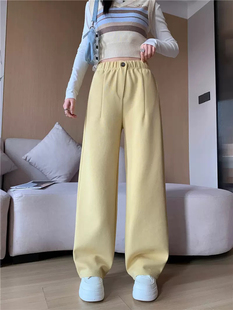 柠檬黄一粒扣香蕉裤女春季高腰卫裤宽松显瘦阔腿休闲裤直筒长裤子