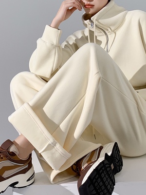 秋冬休闲运动套装女2024新款高领卫衣小个子加绒加厚冬拉链两件套