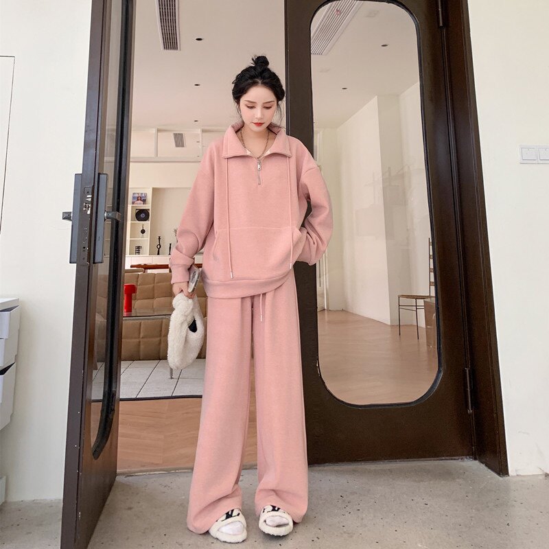 粉色减龄加绒加厚卫衣运动套装女冬季韩版学生宽松休闲跑步两件套