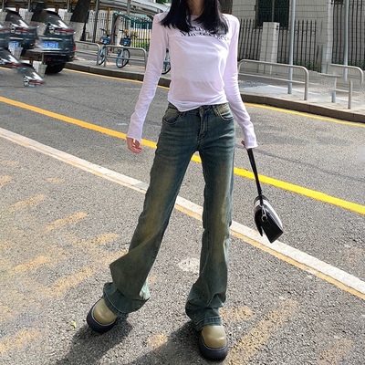 美式复古低腰微喇叭牛仔裤女春秋高个子加长做旧深色拖地裤子高街