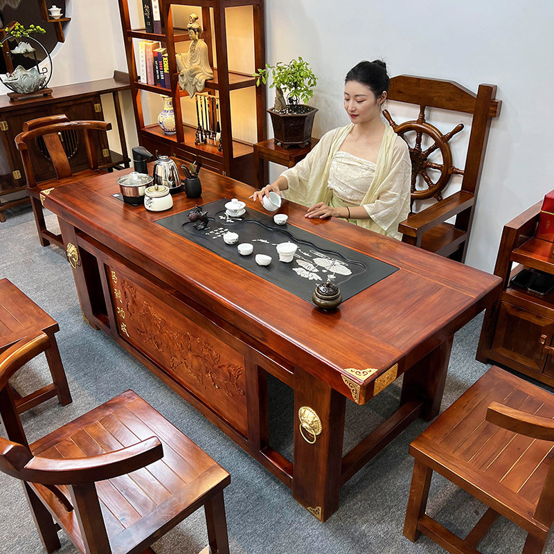 老船木茶台现代中式客厅轻奢茶几实木一体办公室高端泡茶桌椅组合