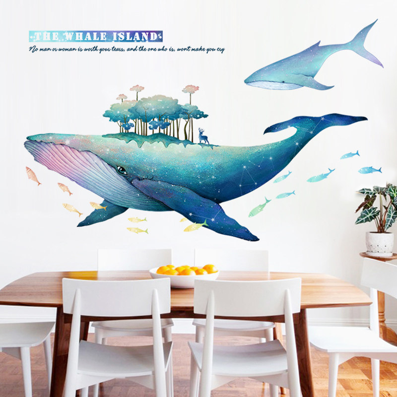 手绘鲸鱼贴纸客厅背景墙装饰画卧室墙面床墙壁贴画自粘ins风墙贴